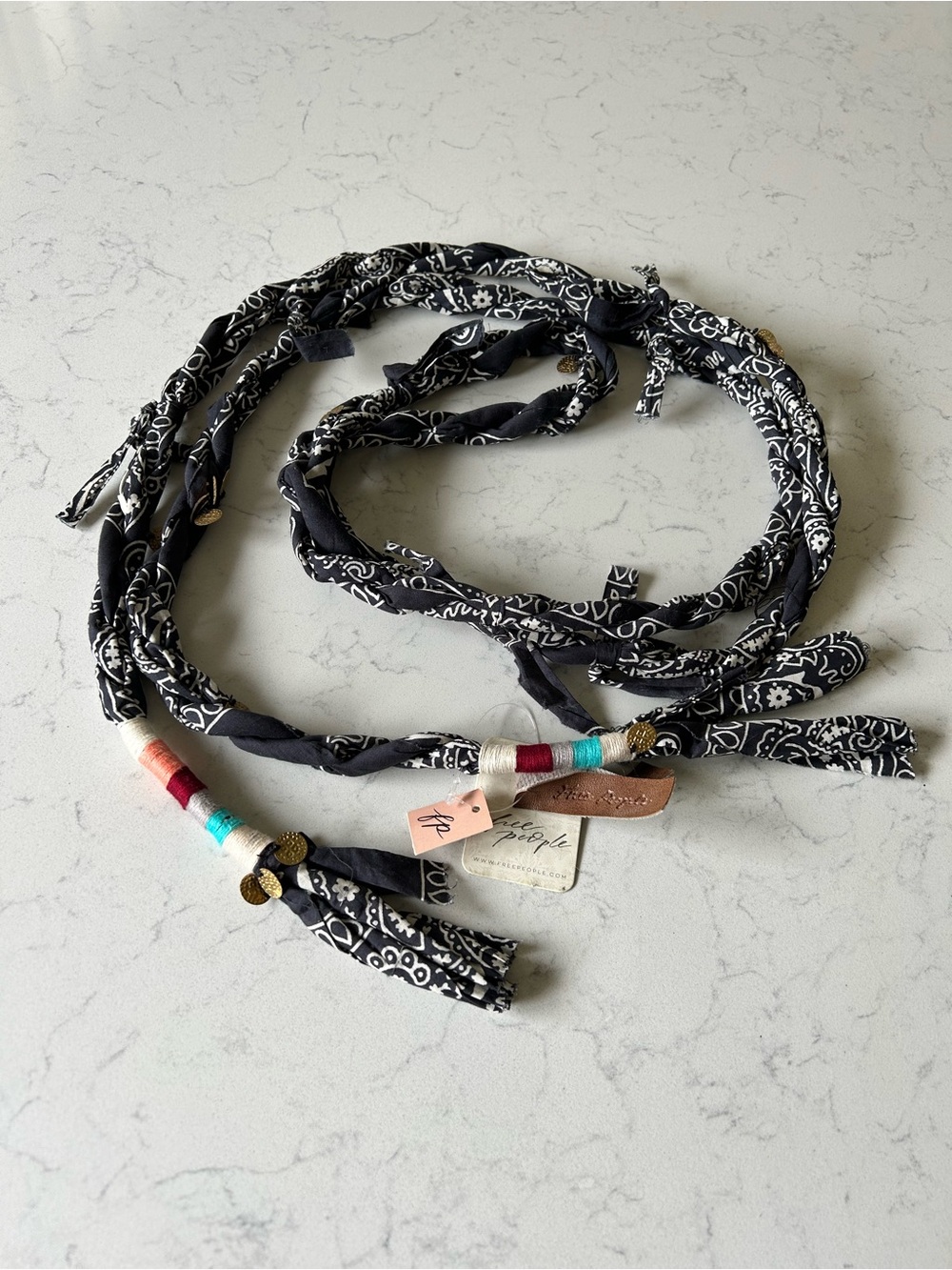NWT Free People Blue Bandana Twisted Boho Gold Coin Embellished Wrap Belt - Picture 5 of 7